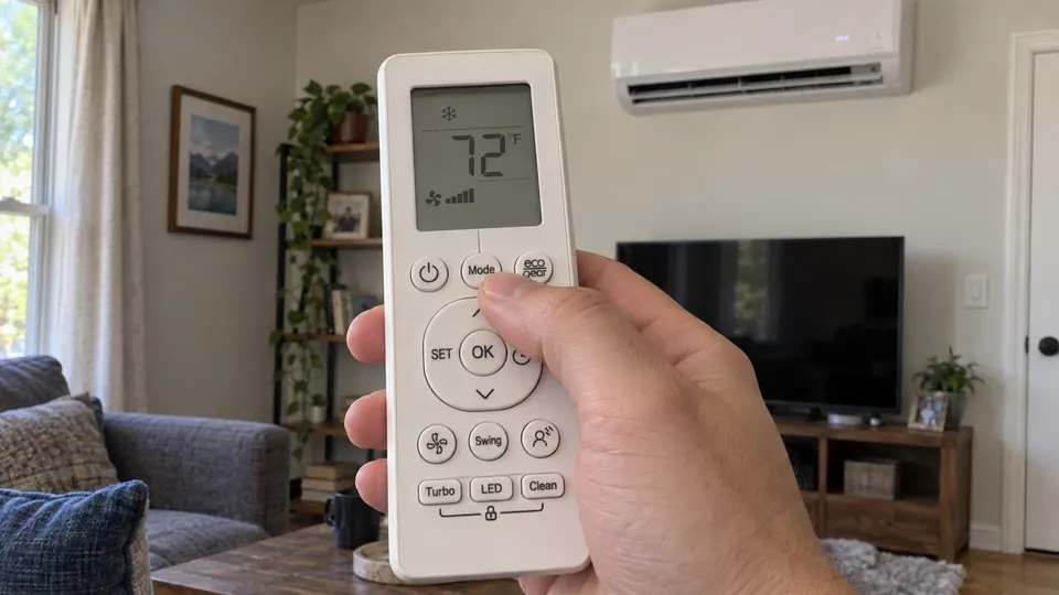 Hand selecting MODE on a MRCOOL-style wall-unit remote
