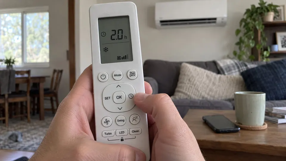Hand checking a timer setting on a MRCOOL-style remote