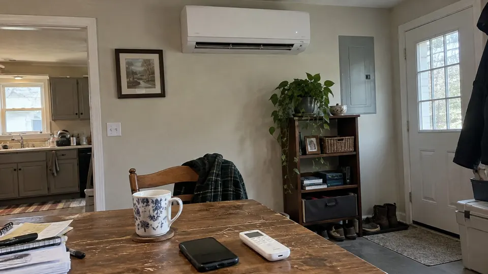 Phone and MRCOOL-style remote on an ordinary table beneath a mini split