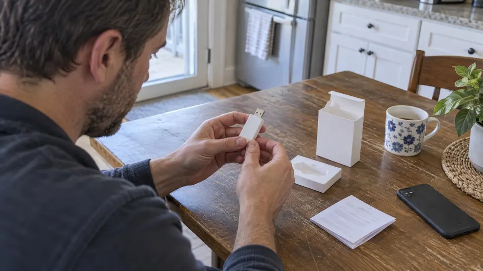Homeowner checking a USB WiFi adaptor beside indistinct paperwork