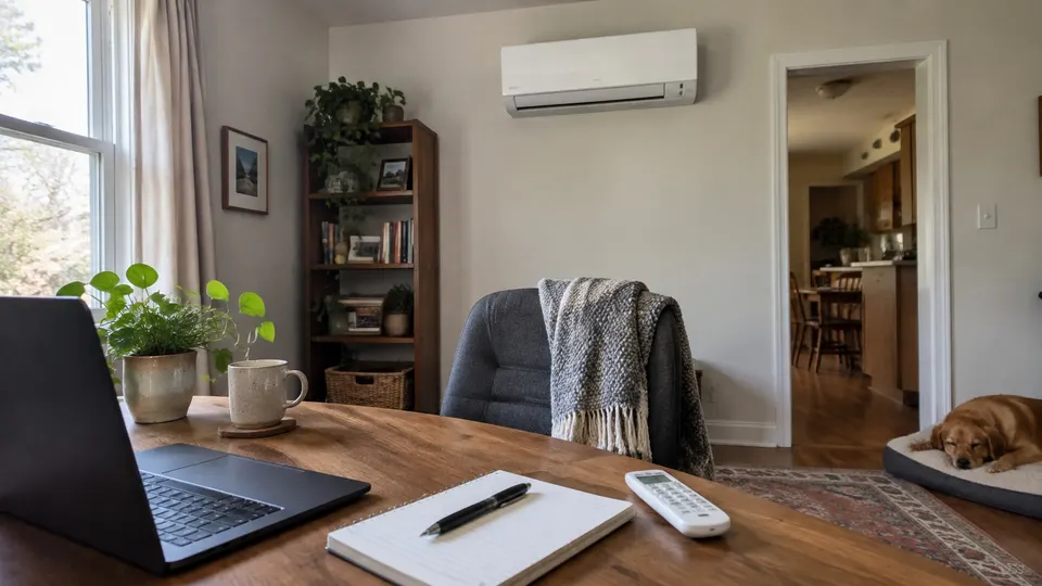Unbranded mini split in a home office with a remote and notebook on the desk