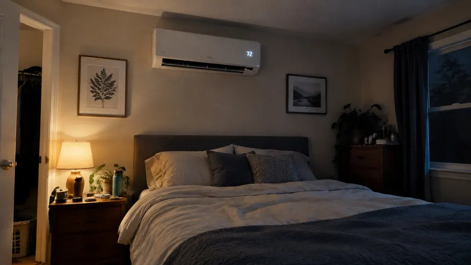 Bedroom at night with a mini split above the bed showing a softly glowing display