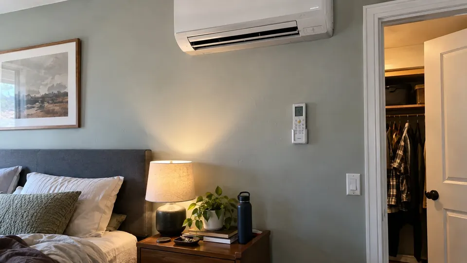 Mini split remote in a wall holder beneath an indoor unit in a bedroom