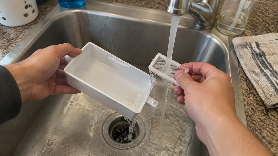 Hands rinsing a small plastic pump reservoir and its screen in a utility sink