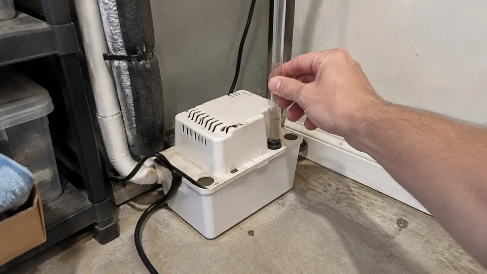 Hand checking the clear discharge tube on a small white condensate pump box