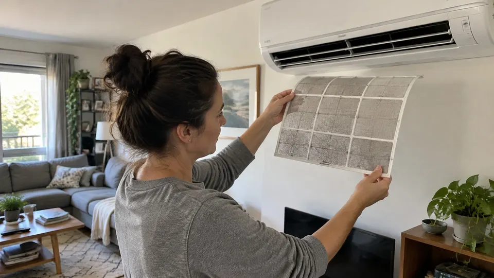 Homeowner checking a removable Samsung-style mesh filter beside the indoor unit