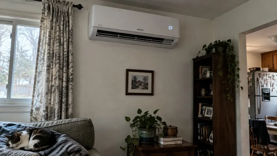 Samsung-style wall mini split showing CF in an ordinary home