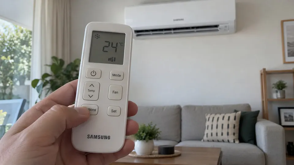 Hand checking the Options button on an air-conditioner remote