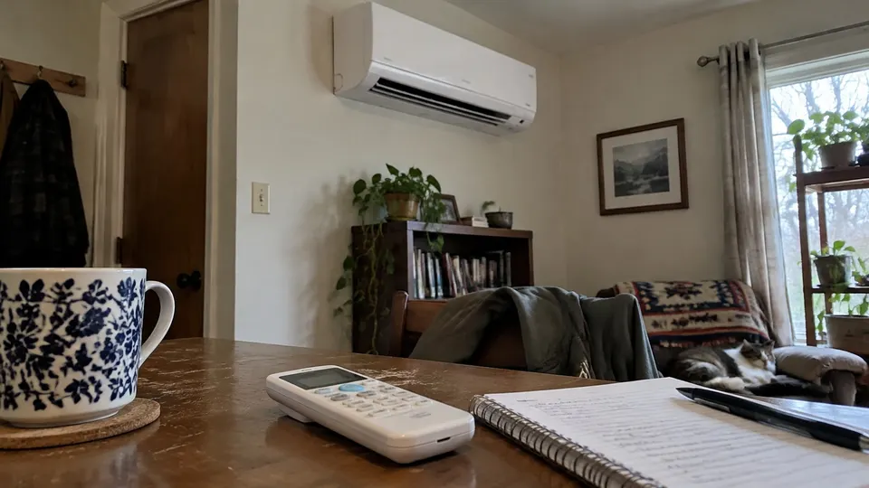Senville-style remote beside a household notebook and wall mini split