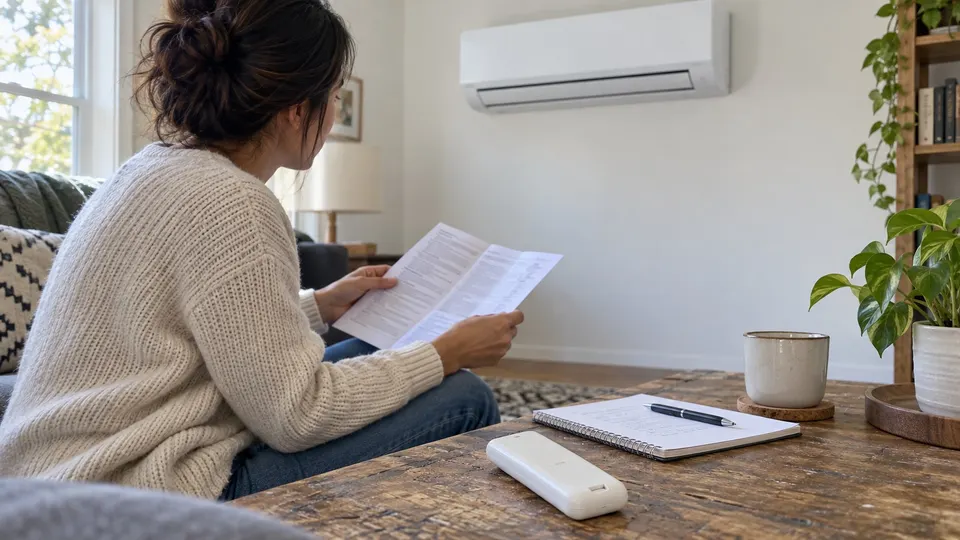 Homeowner reviewing model paperwork with a remote face down nearby