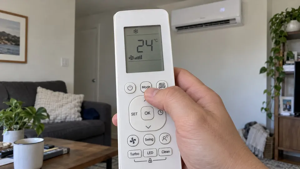Hand selecting MODE on a Senville-style CR322 or CR333 remote