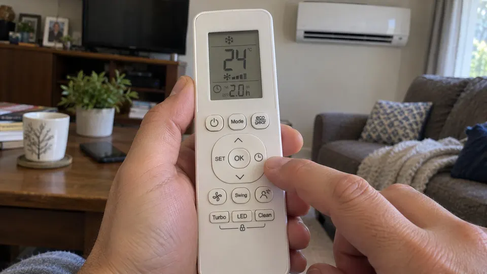Hand checking TIMER ON and TIMER OFF on a Senville-style remote