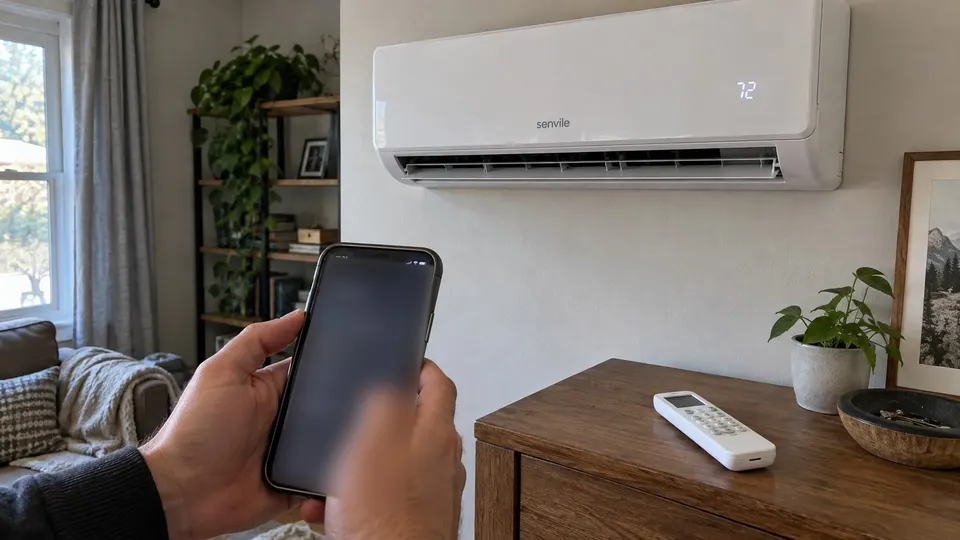Phone and remote beside a Senville-style unit during Alexa pairing