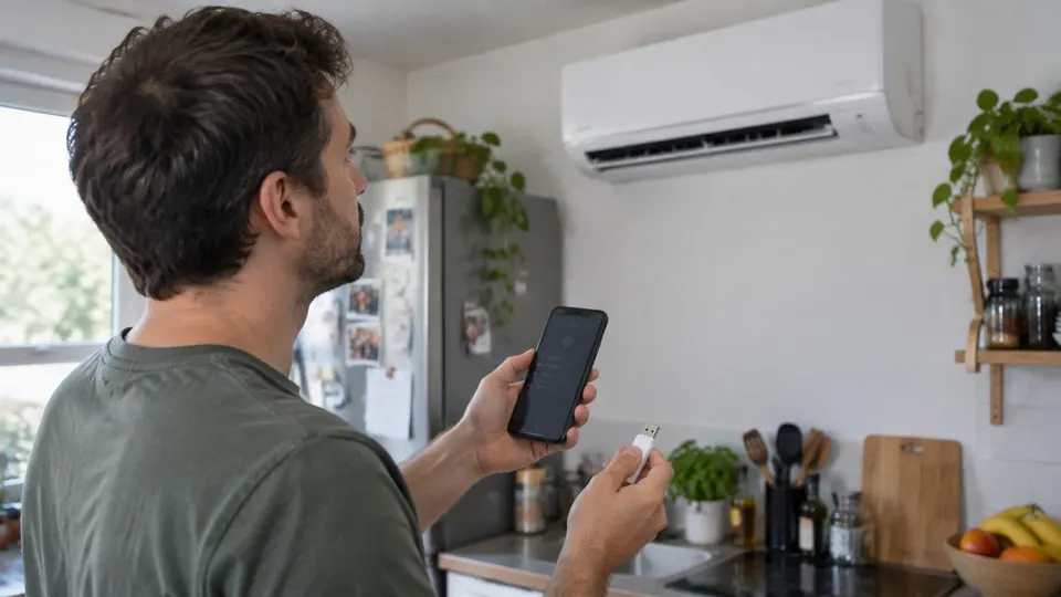 Homeowner checking a phone and USB WiFi adaptor near a wall mini split
