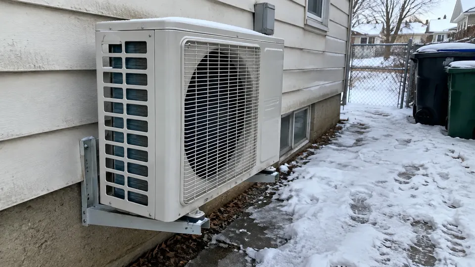 Intact outdoor mini split on a wall bracket in a snowy side yard