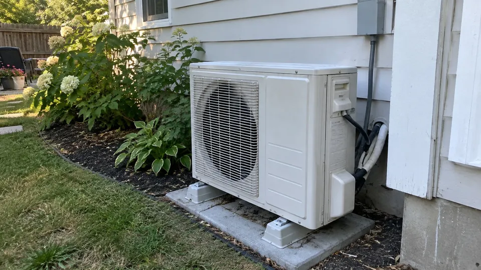 White mini split outdoor unit on a ground pad beside a house with a small garden