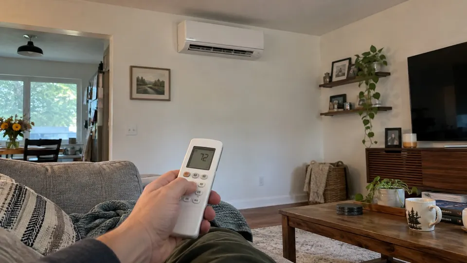 Hand holding a remote near a wall mounted mini split in an ordinary living room